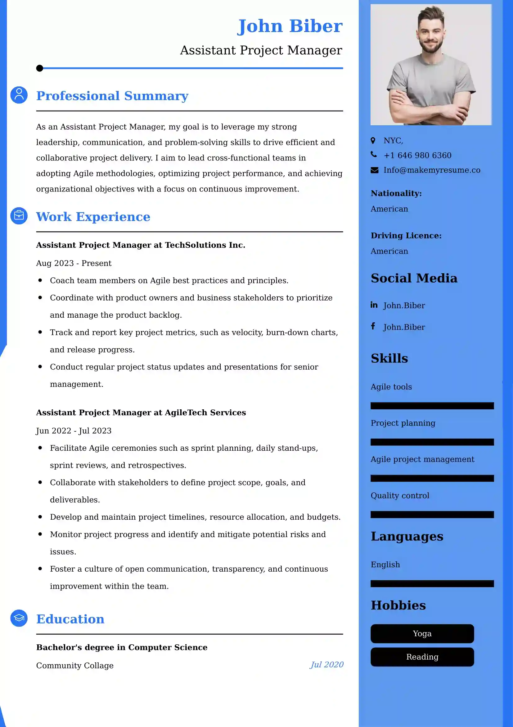 Assistant Project Manager Resume Examples India