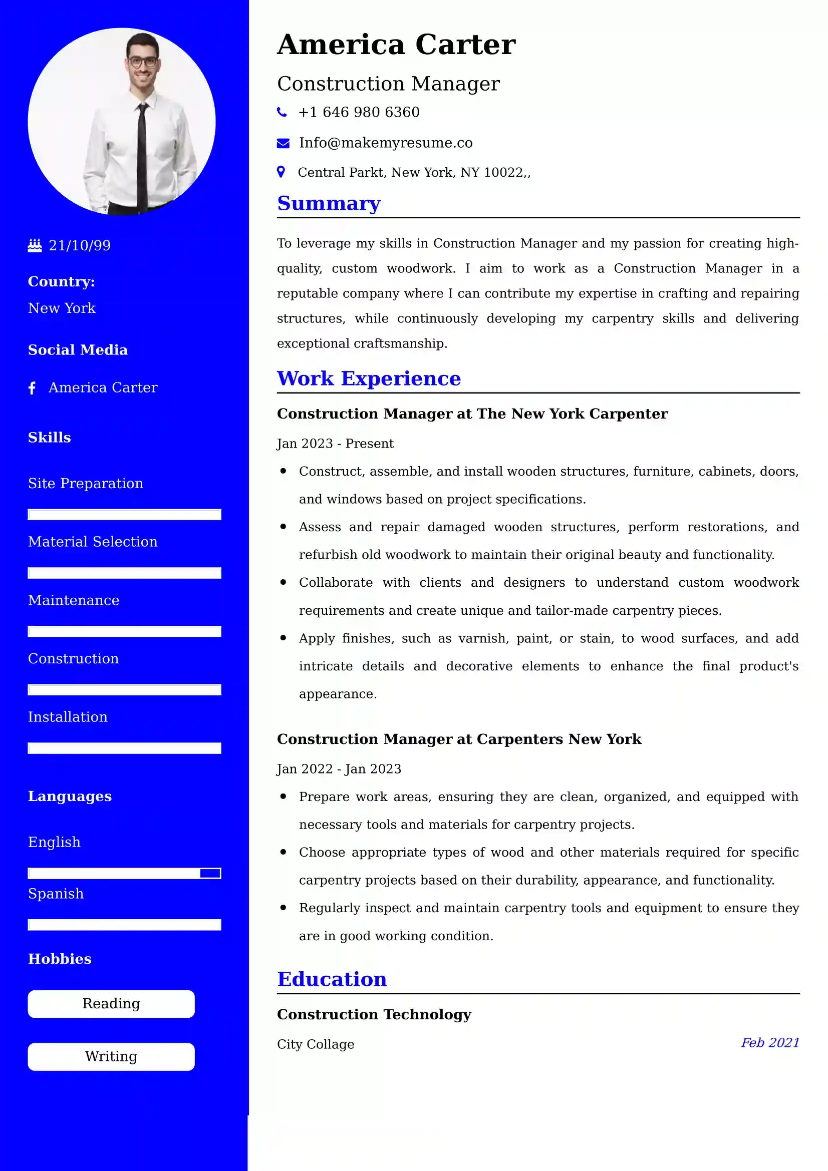 Construction Manager Resume Examples India
