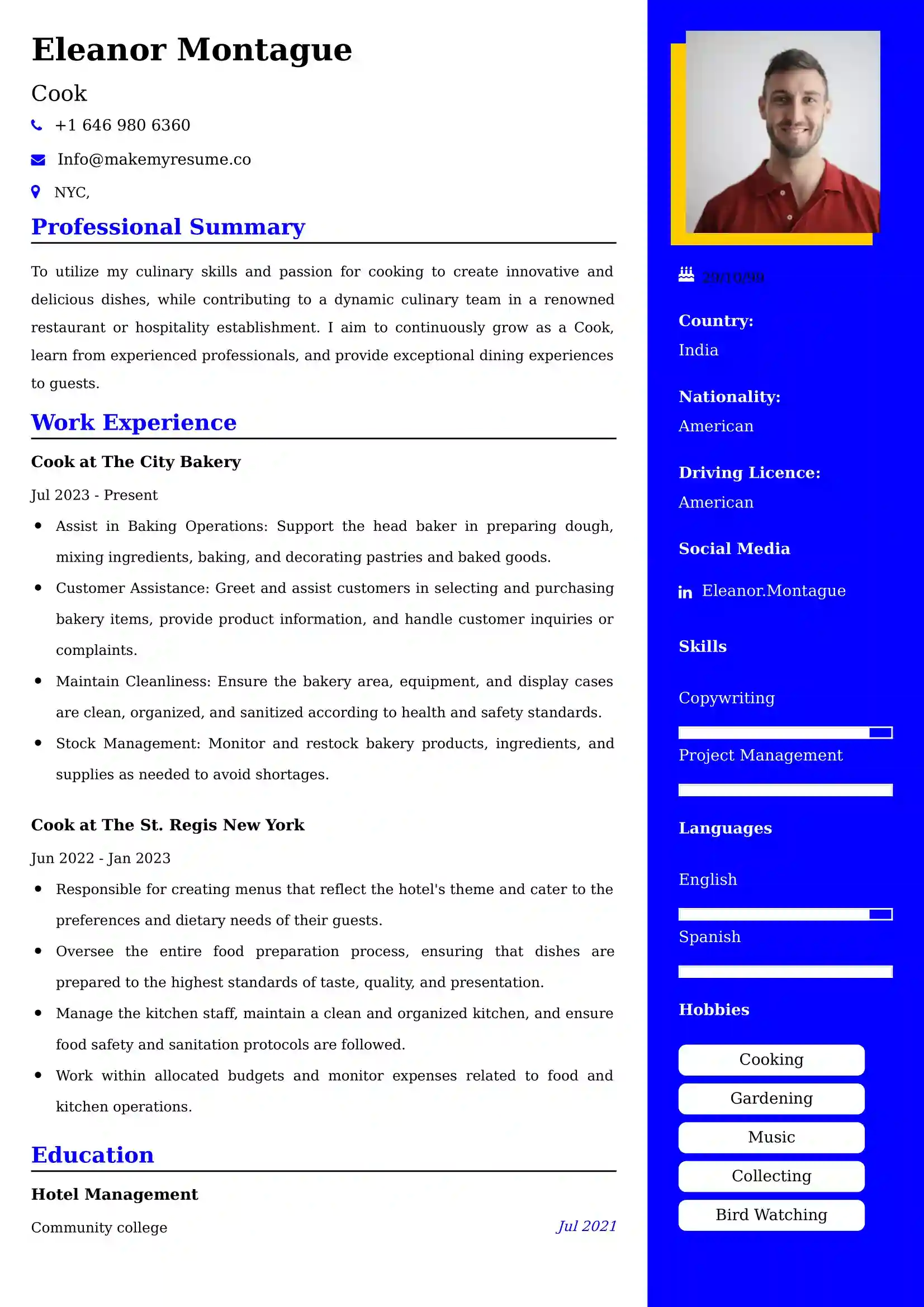 Cook Resume Examples India