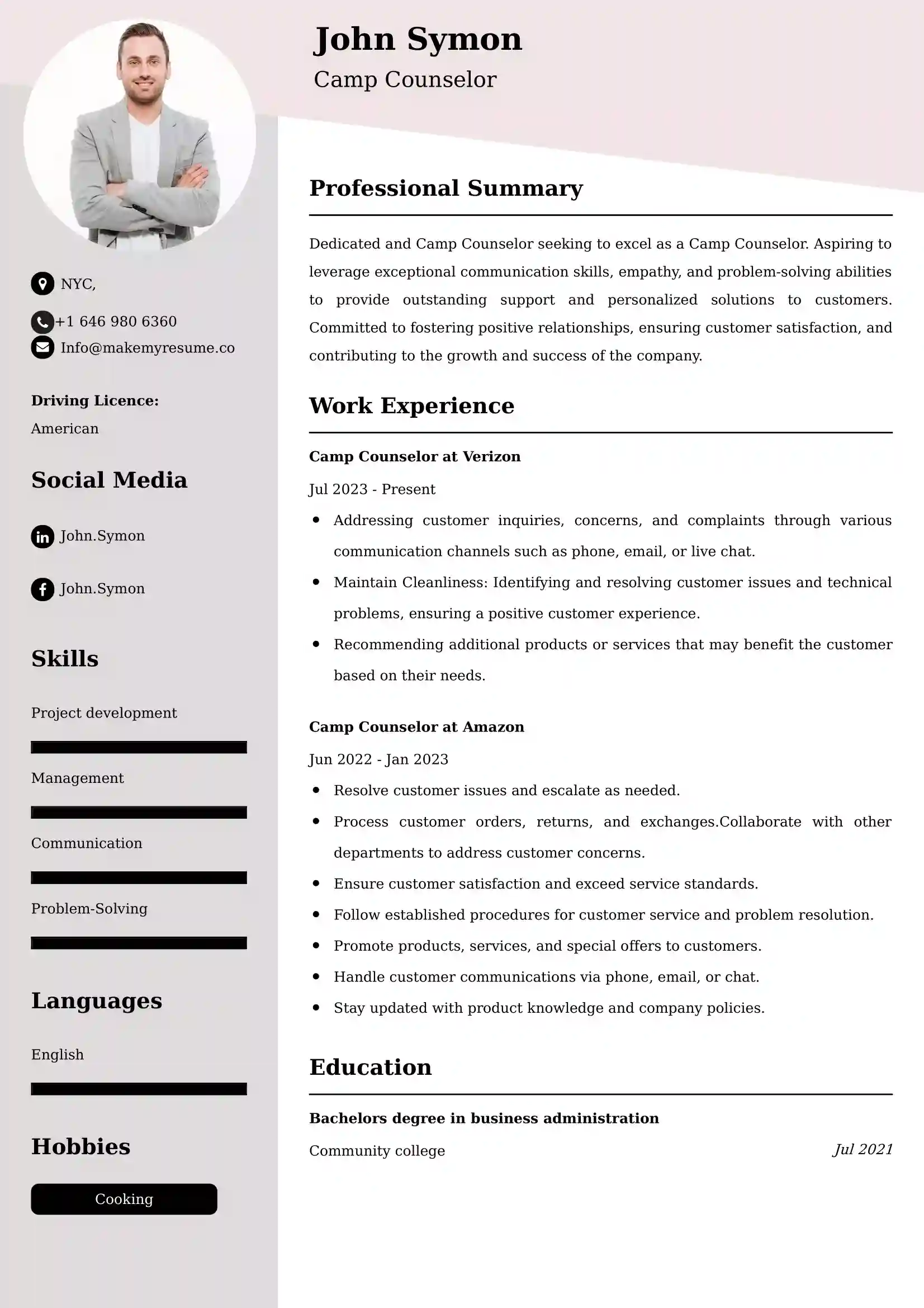 Camp Counselor Resume Examples India