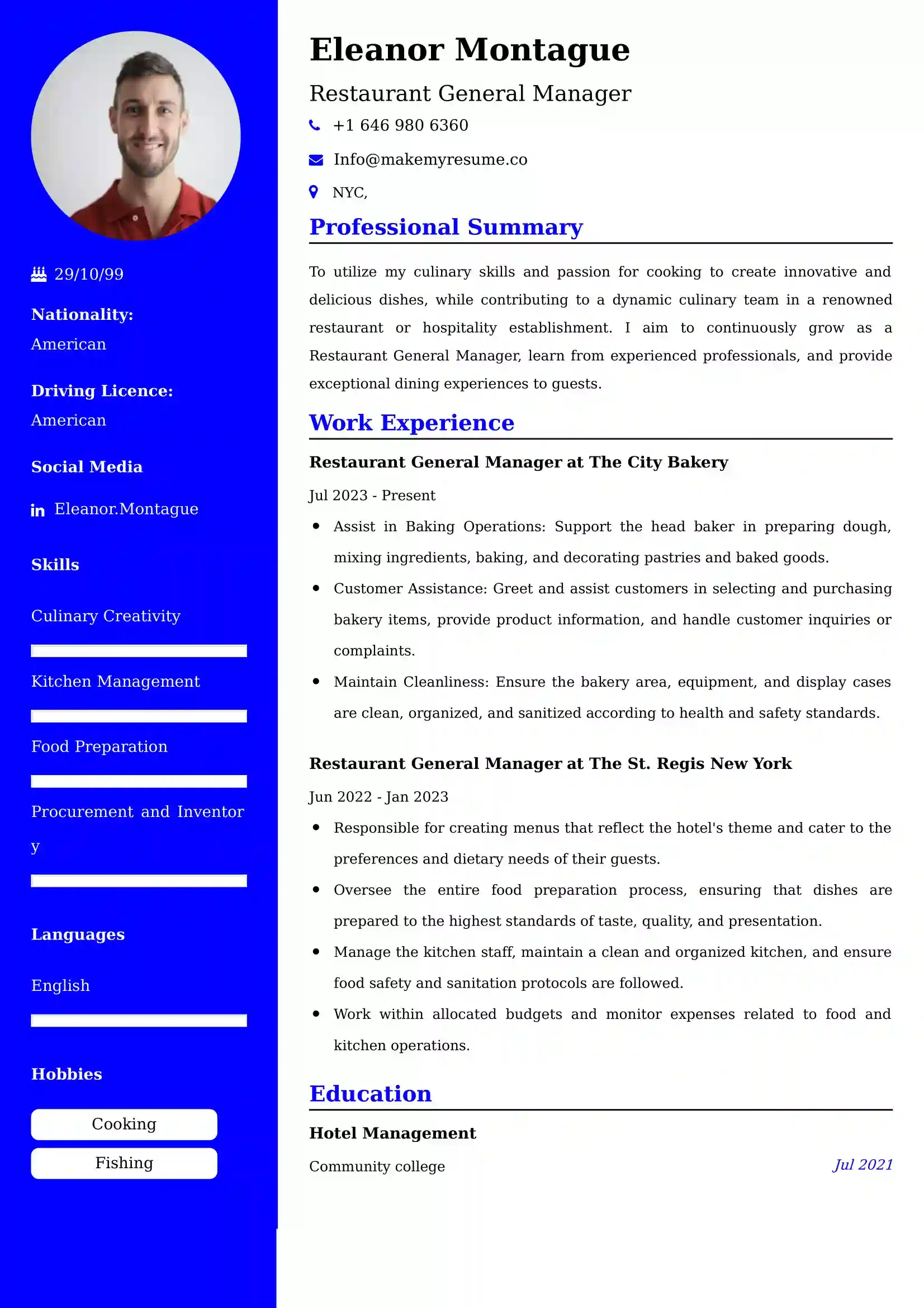 Restaurant General Manager Resume Examples India