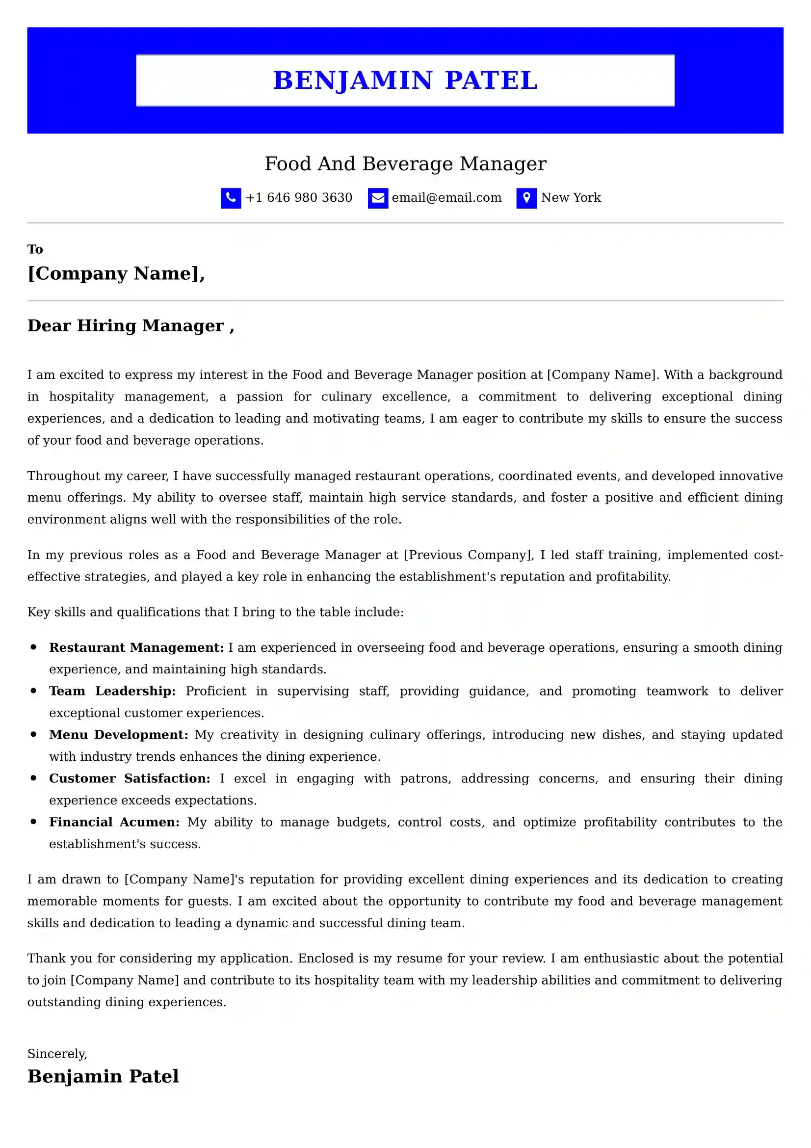 Food And Beverage Server Cover Letter Examples India