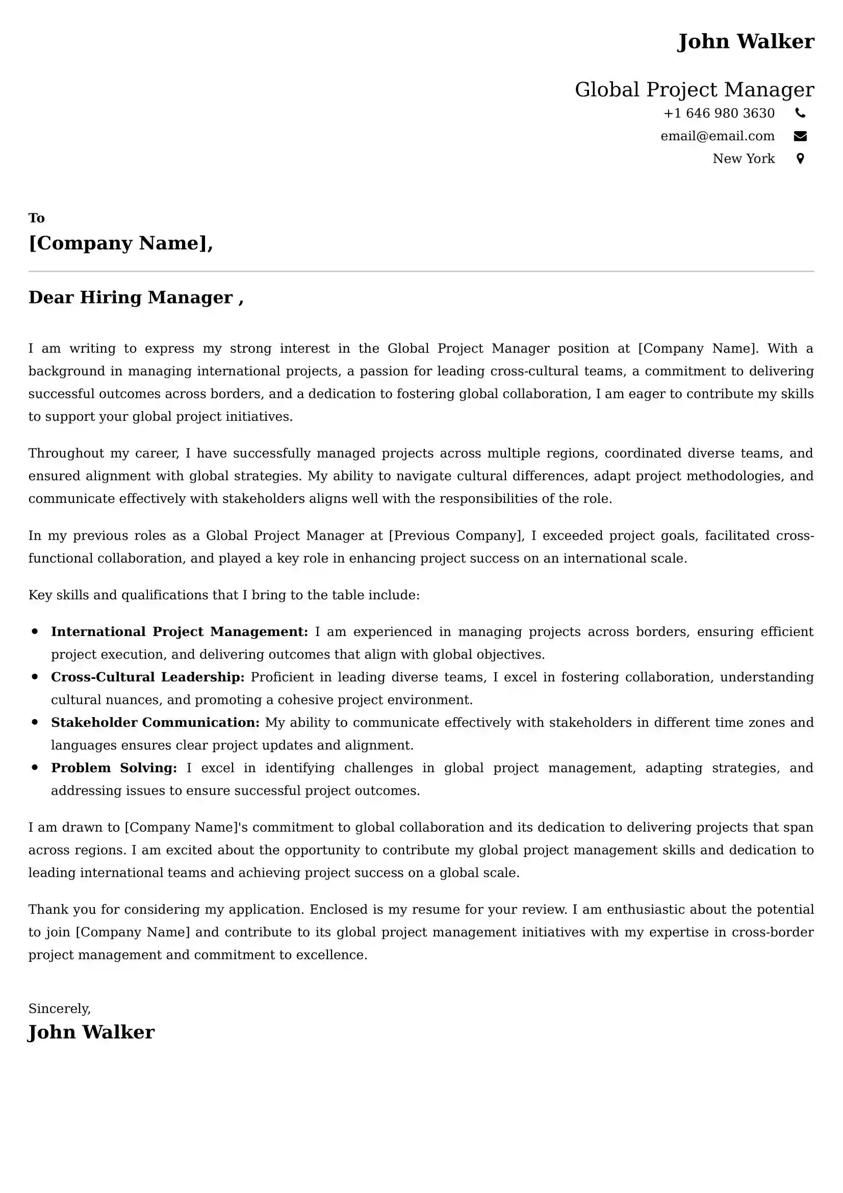 Global Project Manager Cover Letter Examples India