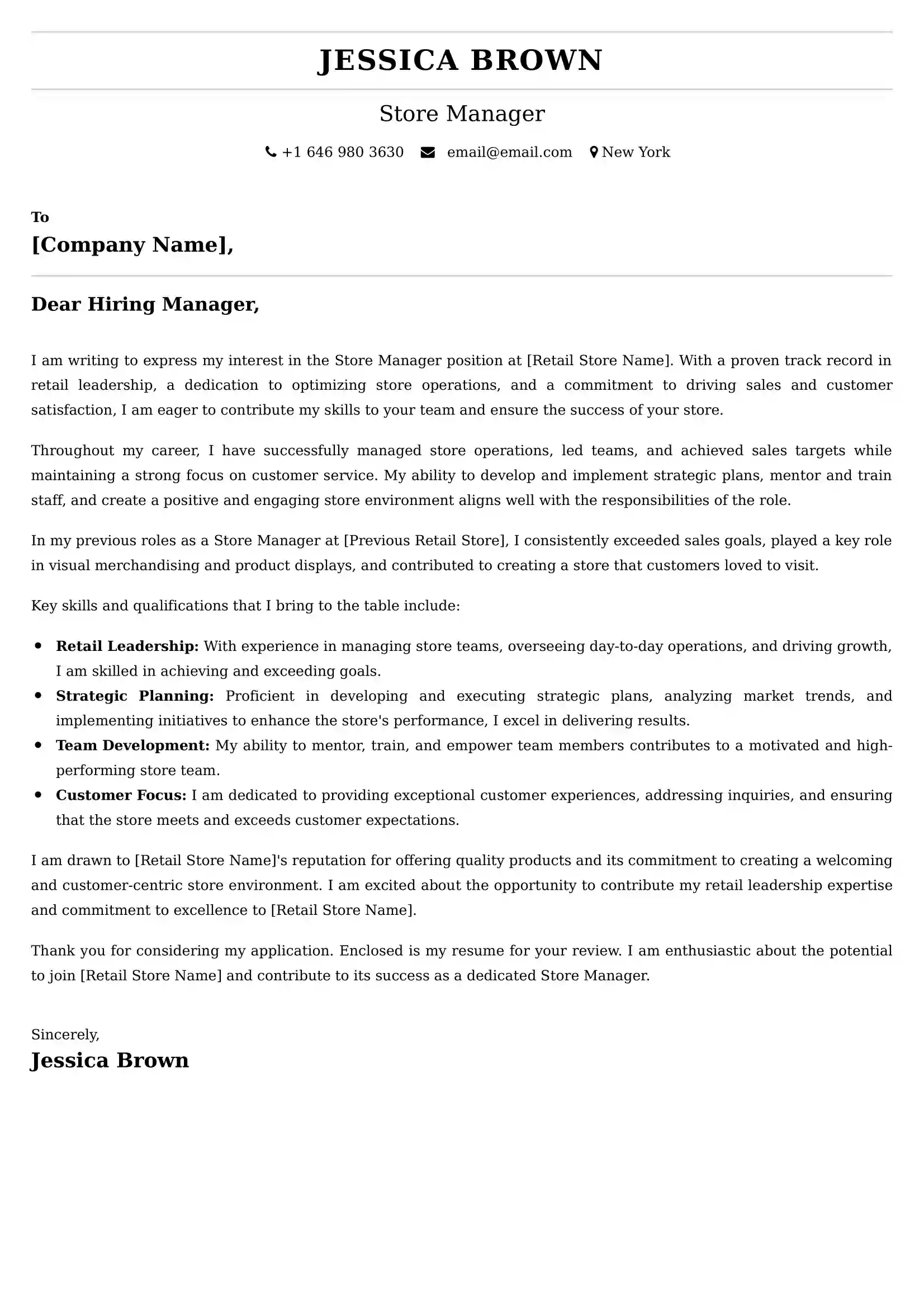 Store Manager Cover Letter Examples India